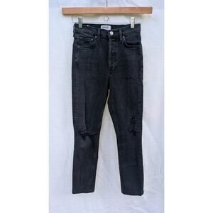 AGOLDE Women's Nico Jeans 24 Black Denim Button Fly Stretch Slim Leg Distressed‎